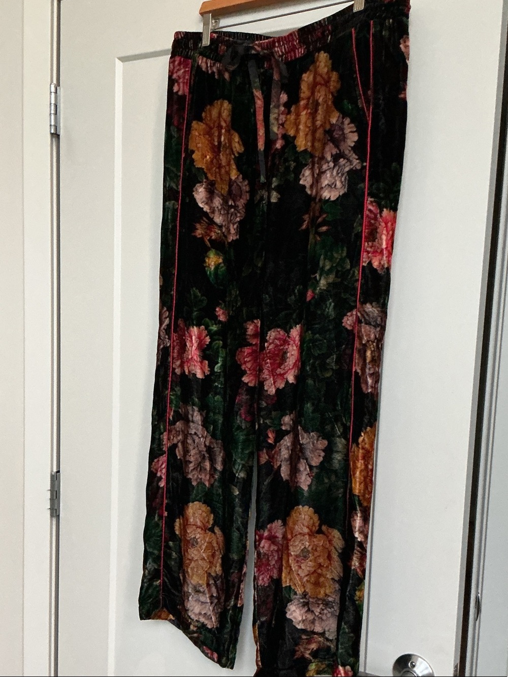 Johnny Was Black Velvet Wide-Leg Pants with Pink & Yellow Floral Print